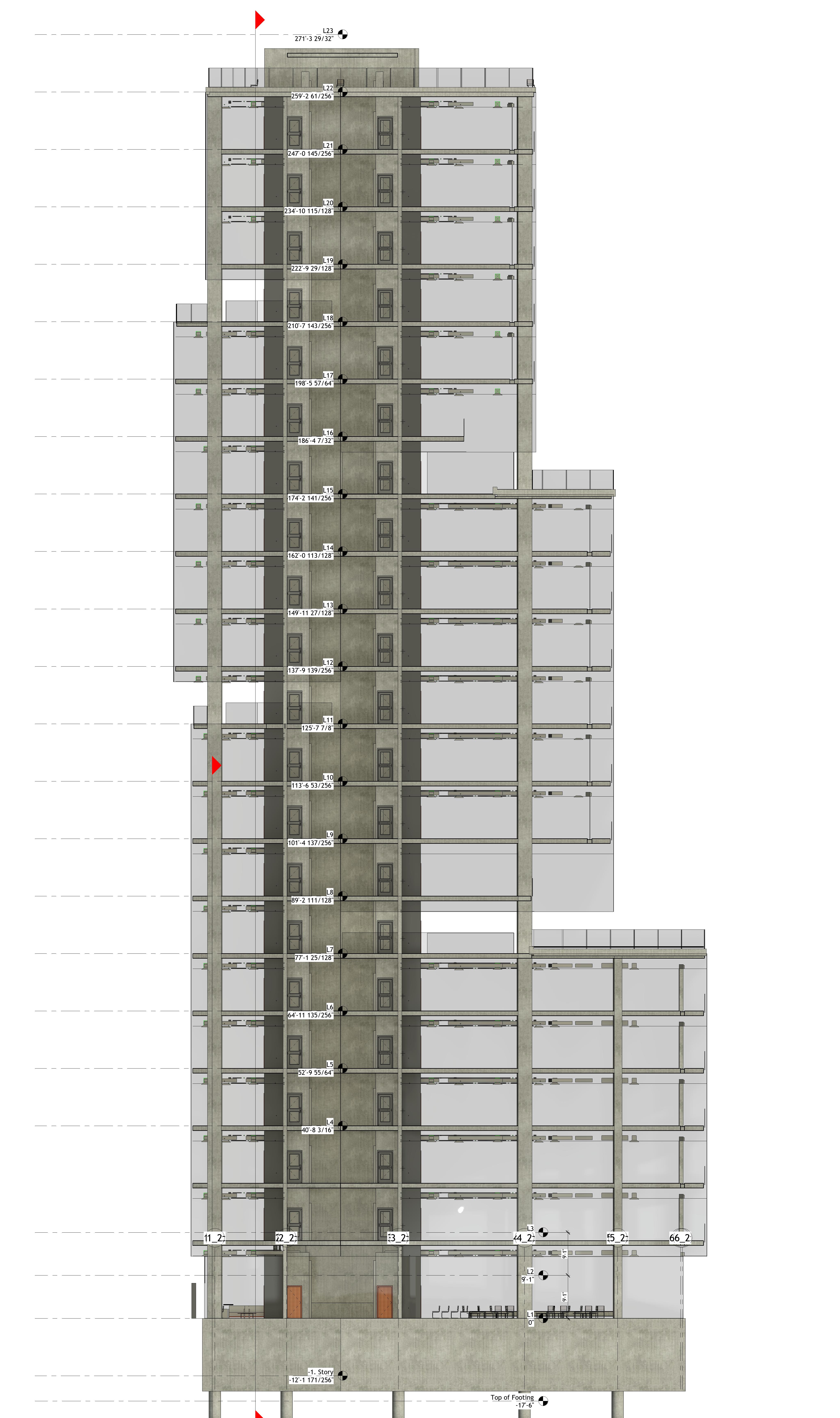 Revit building section — high-rise tower